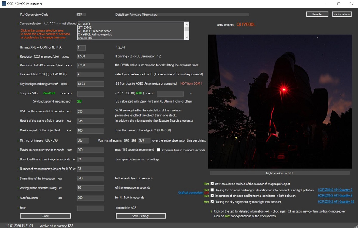 NEO Planner CCD/CMOS parameters explanations
