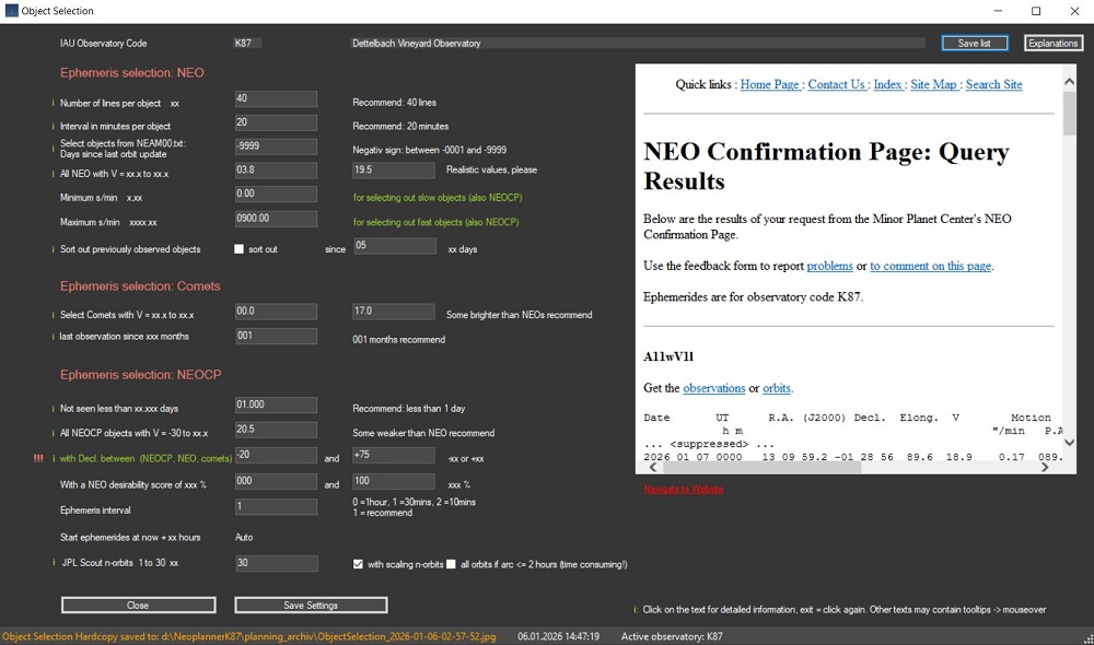 NEO Planner object selection explanations