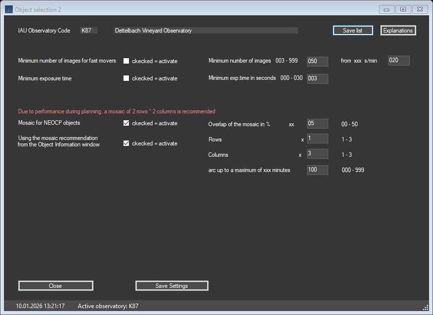 NEO Planner object selection 2 explanations