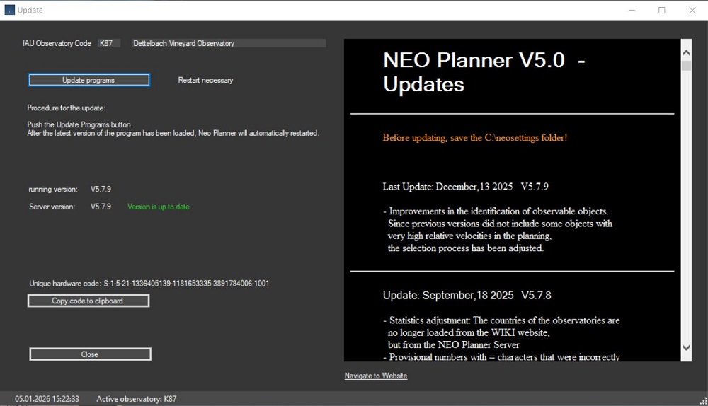 Update NEO Planner programs
